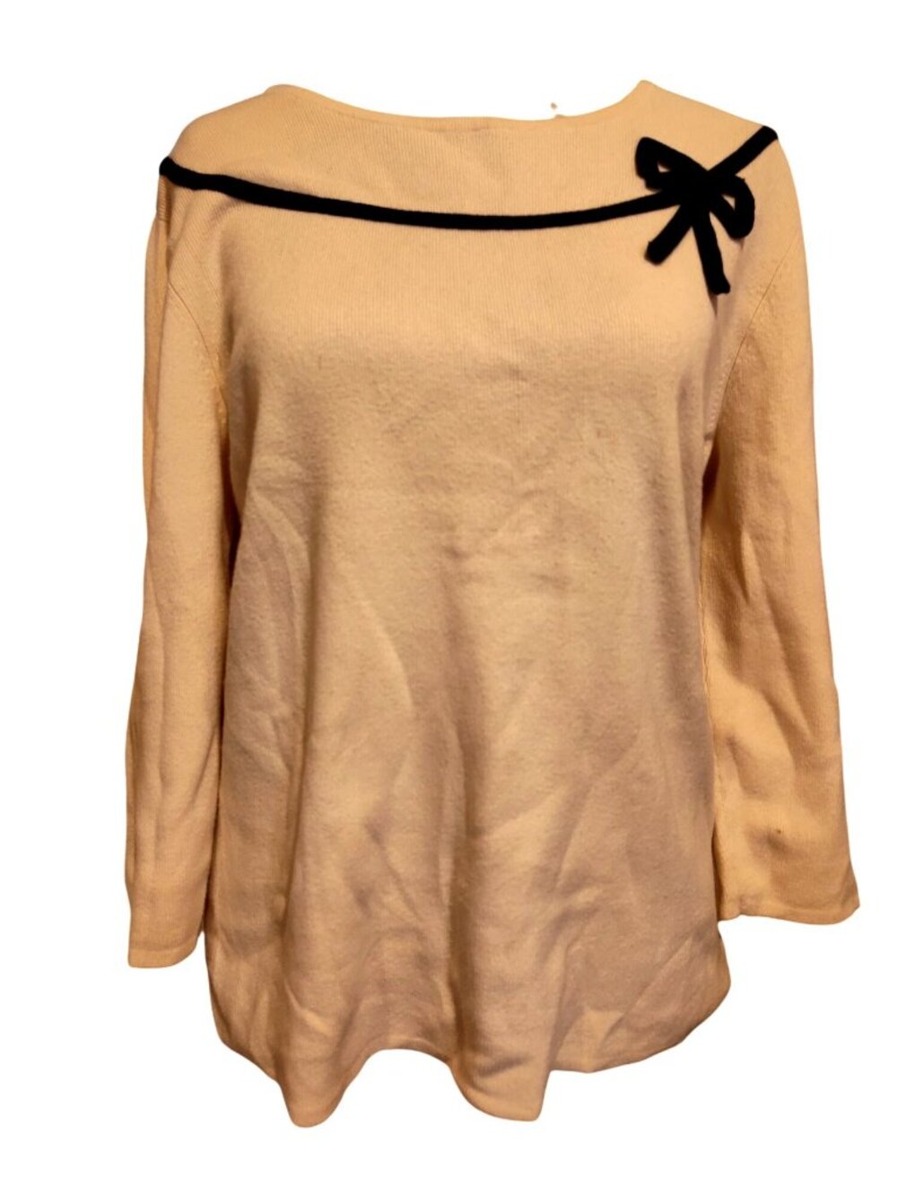 Designers Originals Beige Sweater With Black Bow Accent Small Cotton Blend